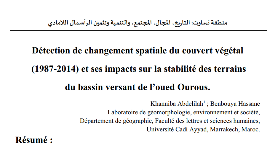 الموضوع الحادي عشر: Détection de changement spatiale du couvert végétal (1987-2014) et ses impacts sur la stabilité des terrains du bassin versant de l’oued Ourous